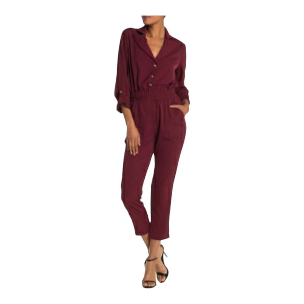 One One Six Burgundy Jumpsuit V-Neck Elastic Waist Roll Tab Sleeve Women's Small
